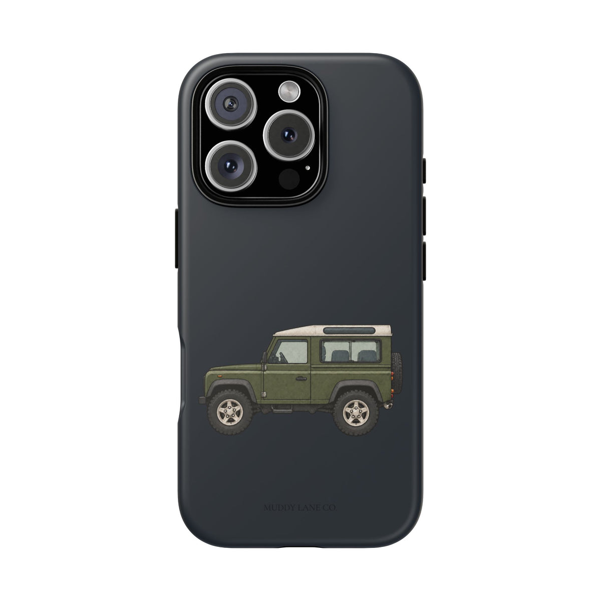 Green Classic 4x4 tough phone case in Charcoal Navy, matte finish, original Muddy Lane Co. artwork