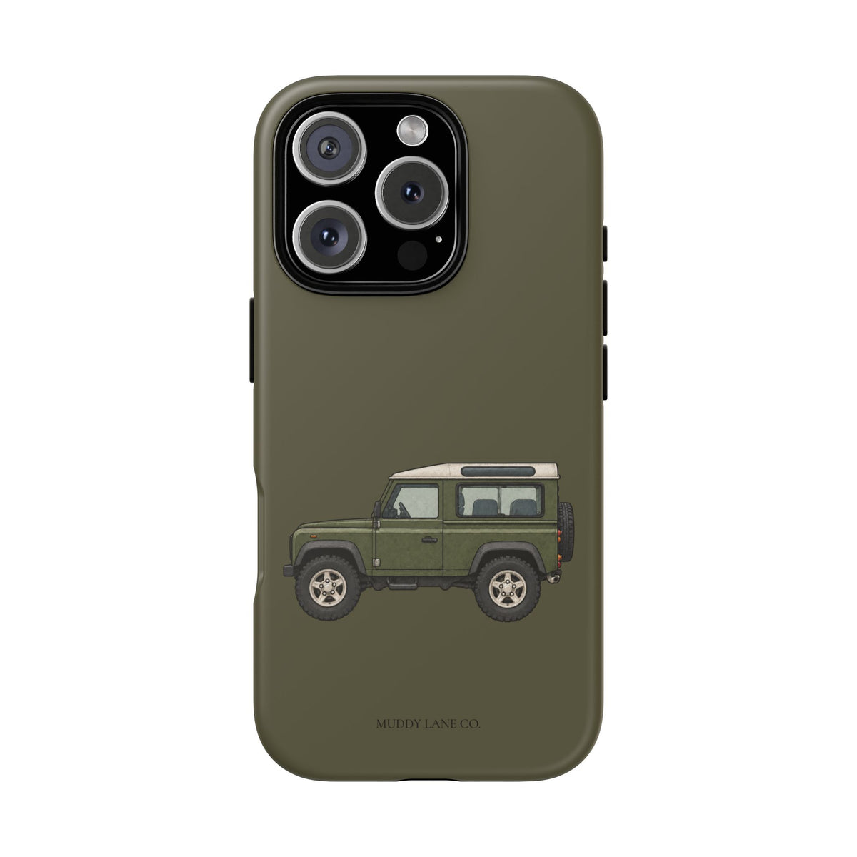 Green Classic 4x4 tough phone case in Muddy Green, matte finish, original Muddy Lane Co. artwork