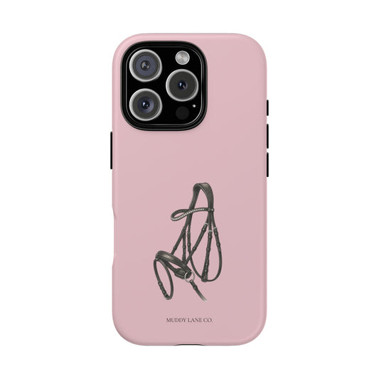 Horse Bridle tough phone case in Soft Rosette Pink, matte finish, original Muddy Lane Co. artwork