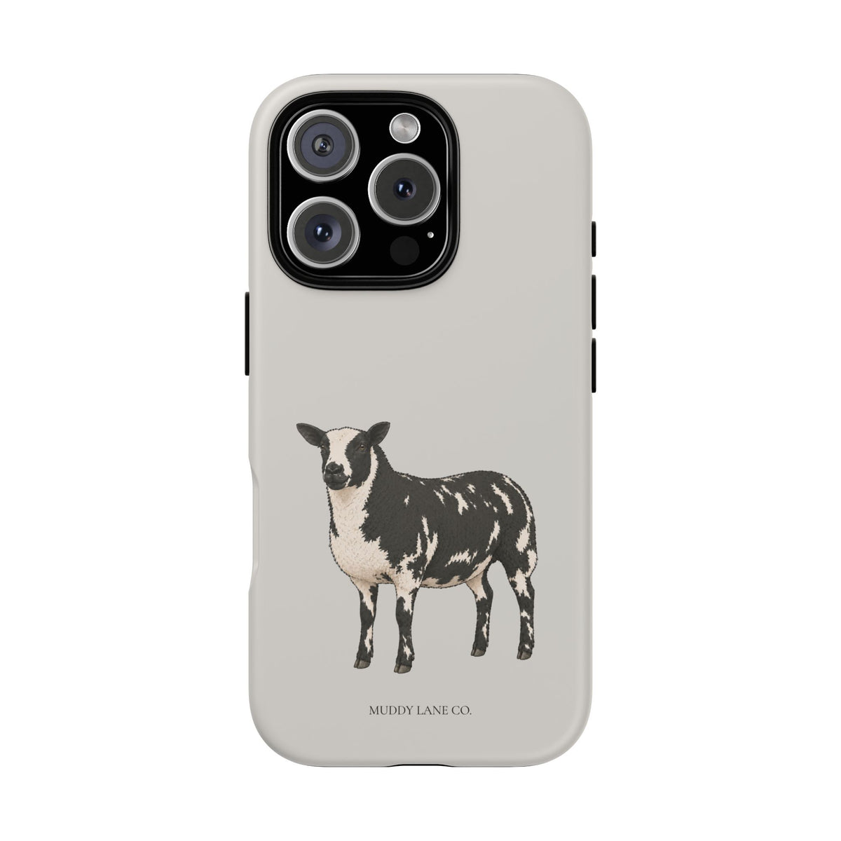 Dutch Spotted Sheep tough phone case in Soft Grey, matte finish, original Muddy Lane Co. artwork