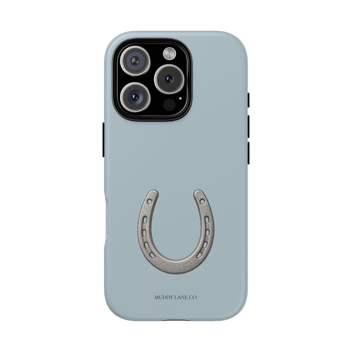 Horseshoe tough phone case in Dusty Blue, matte finish, original Muddy Lane Co. artwork