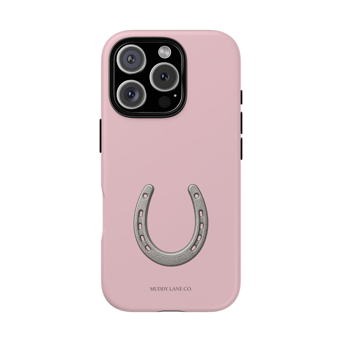 Horseshoe tough phone case in Soft Rosette Pink, matte finish, original Muddy Lane Co. artwork