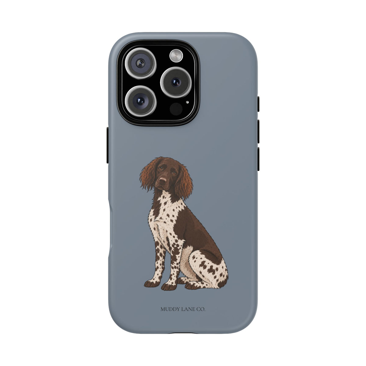 Springer spaniel illustrated tough phone case on smoke blue background, gun dog design