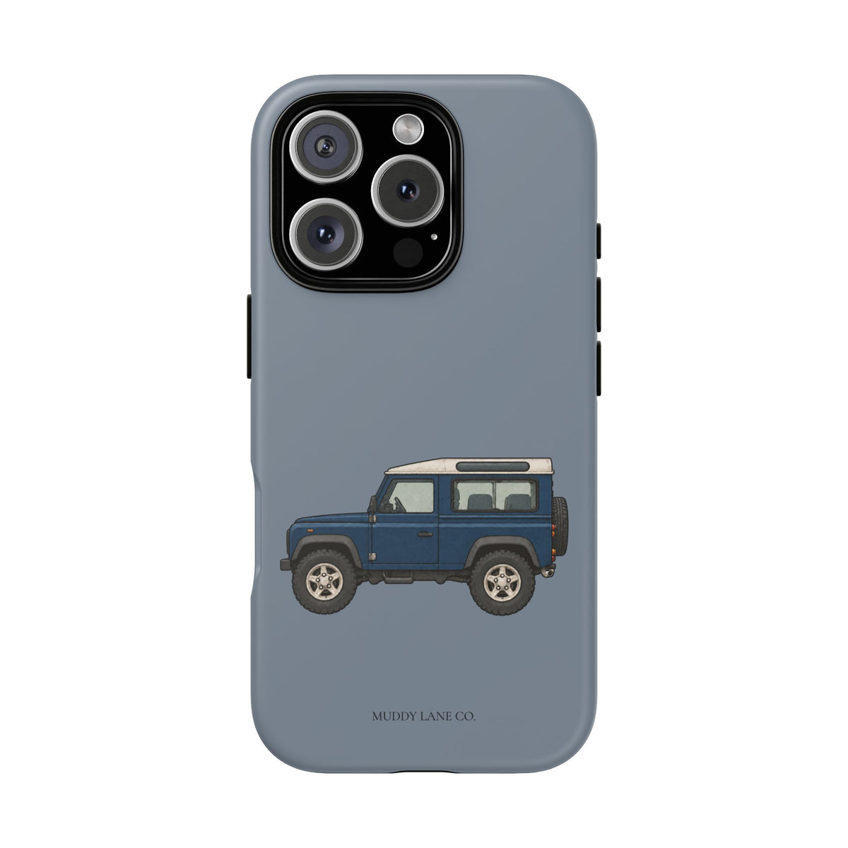 Blue Classic 4x4 tough phone case in Smoke Blue, matte finish, original Muddy Lane Co. artwork