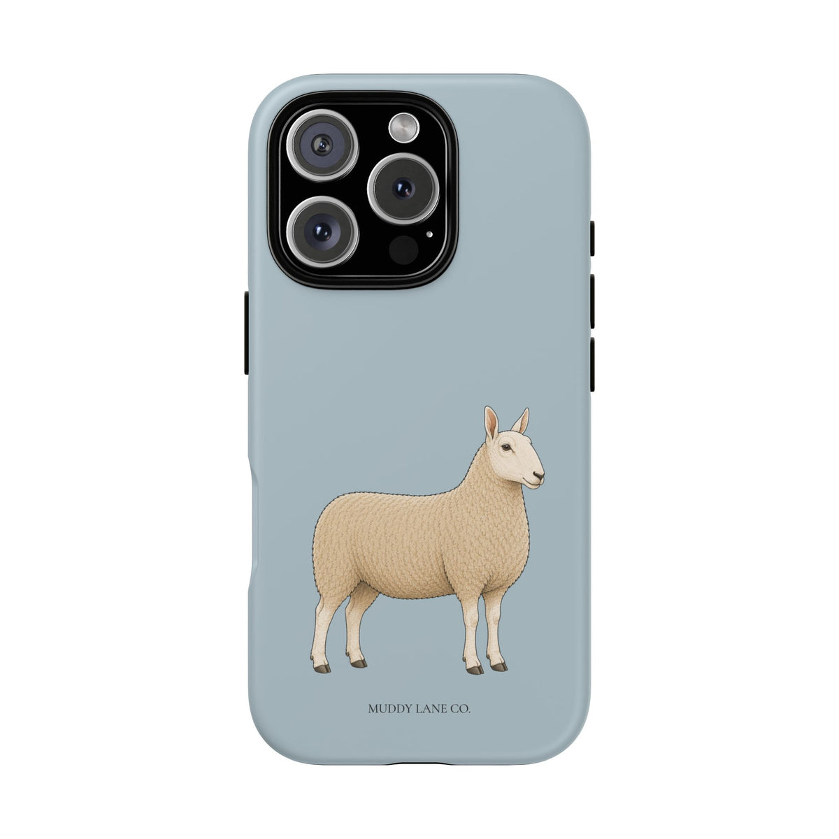 Border Leicester Sheep tough phone case in Dusty Blue, matte finish, original Muddy Lane Co. artwork