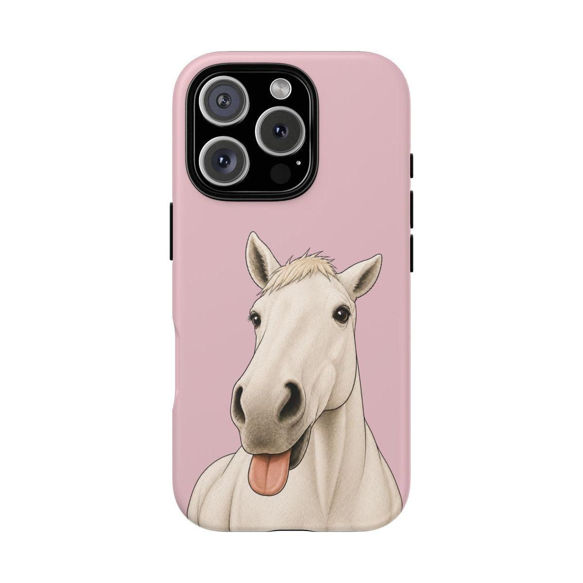 Silly White Horse tough phone case in Soft Rosette Pink, matte finish, original Muddy Lane Co. artwork